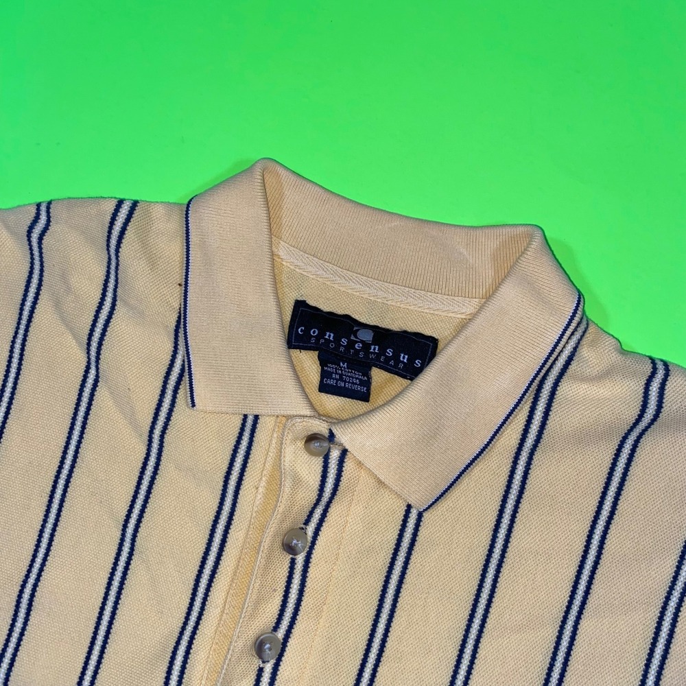 Consensus Sportswear Mens Yellow Navy Striped Cotton Polo Shirt Size M‎ Vintage